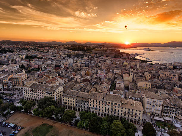 istock Corfu town panoramic sunset. Aerial image from drone. Kerkyra is 621123838