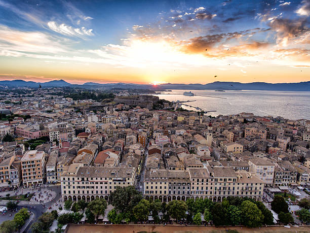 istock Corfu town panoramic sunset. Aerial image from drone. Kerkyra is 621123890