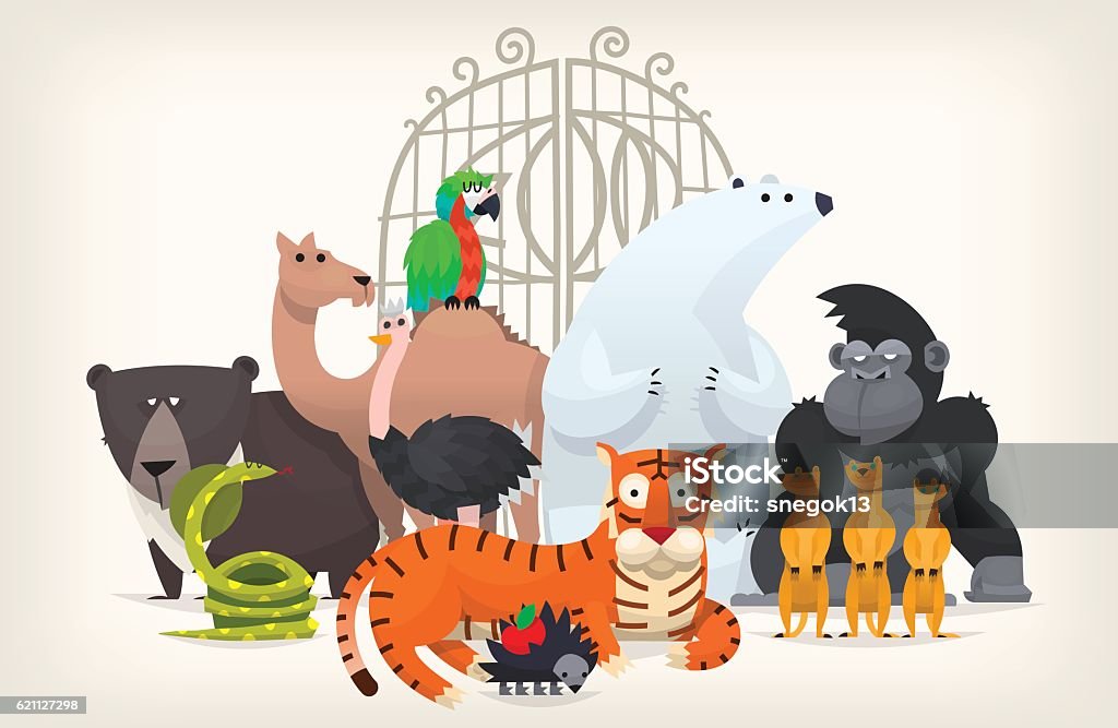 Animals near zoo gates Vector illustration card with zoo animals standing near gates inviting to visit a Zoo Zoo stock vector