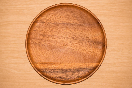 wood tray on table background