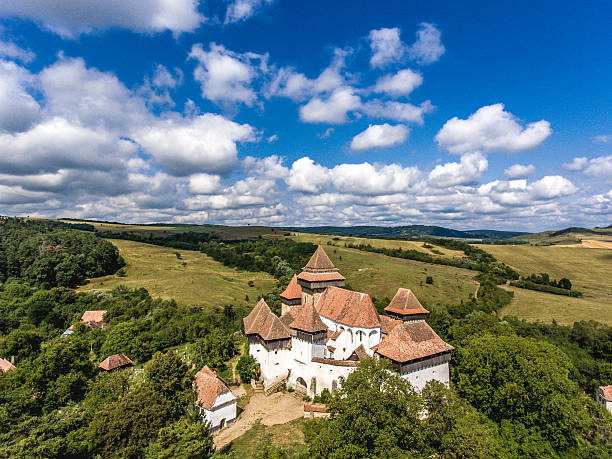 Viscri chruch aerial view from a drone. Transylvania, Romania.