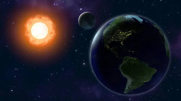 3d illustration of the earth and the moon orbiting the sun