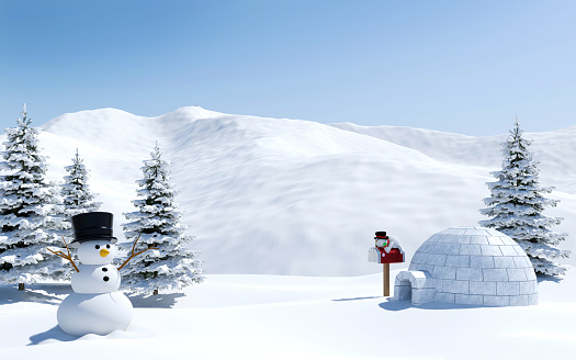 Arctic landscape, snow field with igloo and snowman in Christmas holiday, North pole, 3D rendering