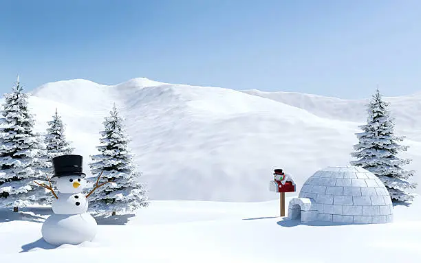 Photo of Arctic landscape, snow field with igloo and snowman in Christmas