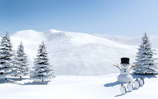 Arctic landscape, snow field with snowman and penguin birds in Christmas holiday, North pole, 3D rendering