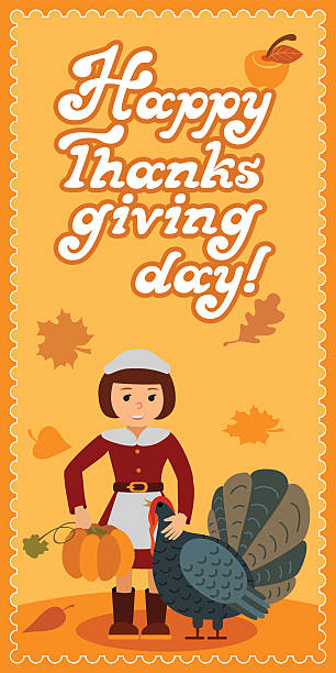 소녀 칠면조 호박. 아이 잎행복 추수 감사절 카드 - thanksgiving pilgrim turkey little girls stock illustrations