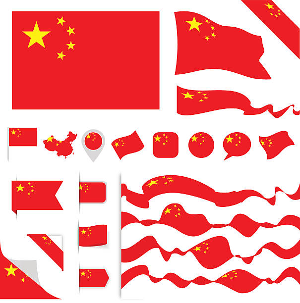 ilustraciones, imágenes clip art, dibujos animados e iconos de stock de conjunto de banderas de china - bandera china