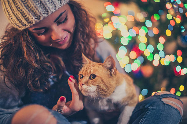 Christmas cuddle Cuddling her cat on Christmas Eve cub photos stock pictures, royalty-free photos & images