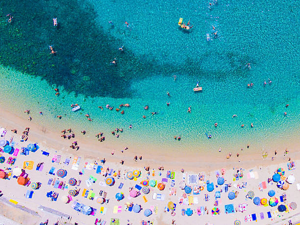 People bathing in the sun at the beach, aerial view stock photo