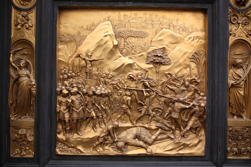 The Gates of Paradise detail. Bronze door by Lorenzo Ghiberti, Florence, Italy