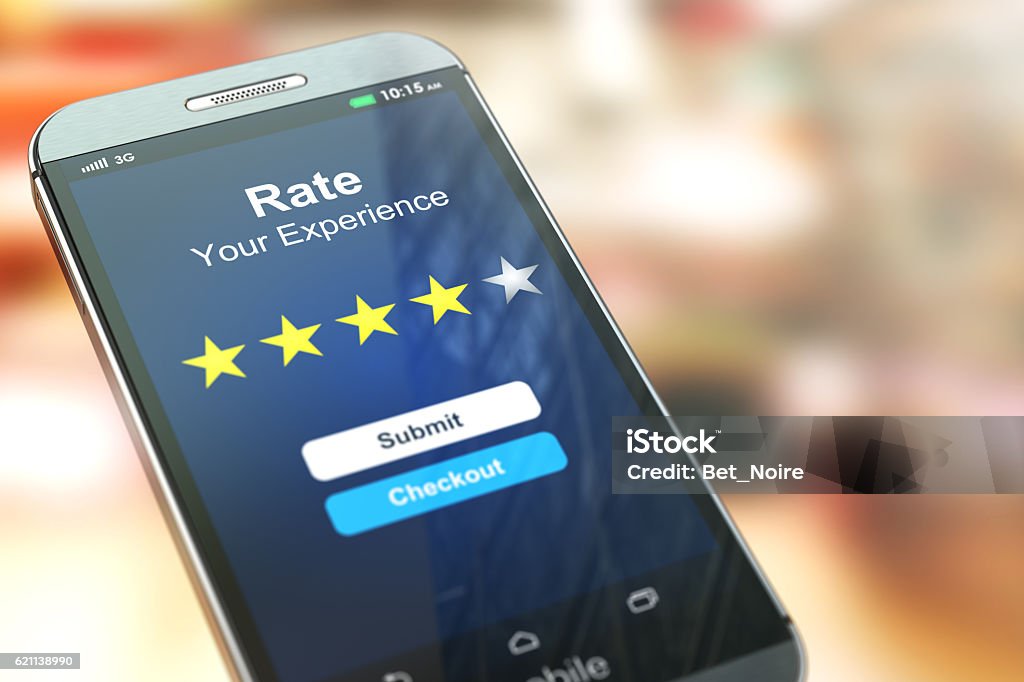 Smartphone or mobile phone with text rate your experience Smartphone or mobile phone with text rate your experience on the screen.  Online feedback rating and review concept. 3d illustration Questionnaire Stock Photo