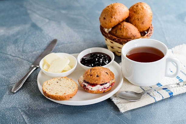 istock Scones with butter and jam with tea on the table 621139226