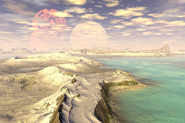 istock Fantasy alien planet. Mountain and lake. 3D illustration 621139556