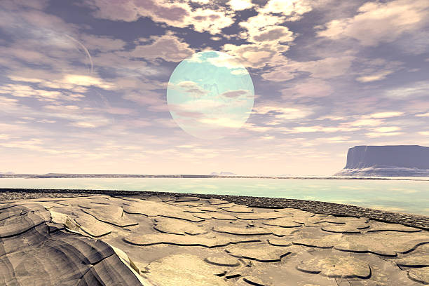 istock Fantasy alien planet. Mountain and lake. 3D illustration 621139638