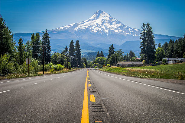 The Long Road to Mt. Rainier Driving along a highway when I turned a corner to have Mt. Rainier staring me in the face.  northwest stock pictures, royalty-free photos & images