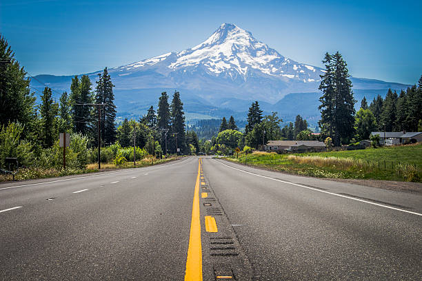 The Long Road to Mt. Rainier Driving along a highway when I turned a corner to have Mt. Rainier staring me in the face.  cascade range stock pictures, royalty-free photos & images