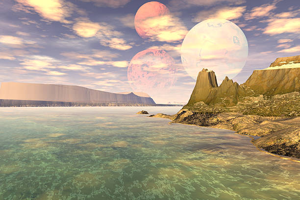 istock Fantasy alien planet. Mountain and lake. 3D illustration 621139816