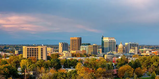 The skyline of Boise Idaho with Autumn trees in full bloom