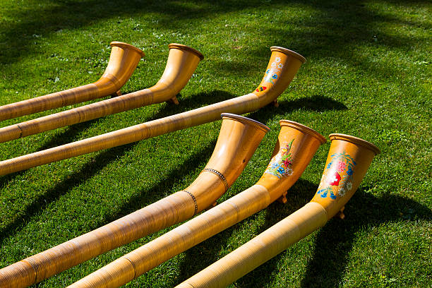 alphorn Top view of Alpine horns on green grass alpenhorn stock pictures, royalty-free photos & images