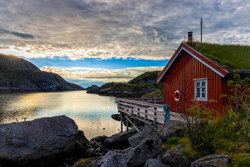 Sunrise in Nusfjord village, Norway