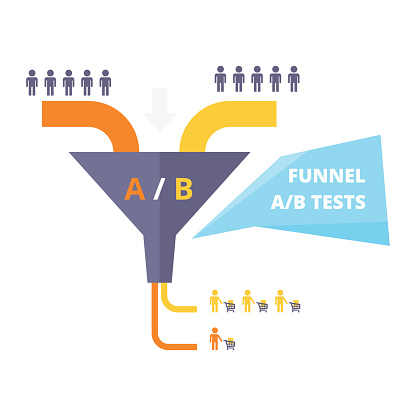 Funnel AB test - vector illustration. Sales funnel optimization work. Testing in internet marketing - business concept.