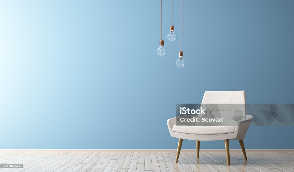 Modern interior of living room with white armchair 3d render Modern interior of living room with white armchair and light bulbs 3d rendering Chair Stock Photo