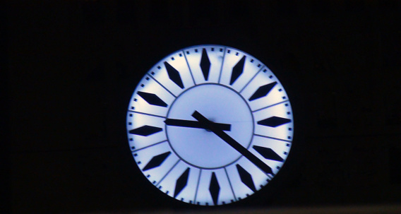 Station Clock Close Up View In The Night