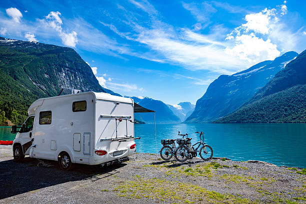 Family vacation travel, holiday trip in motorhome Family vacation travel, holiday trip in motorhome, Caravan car Vacation. Beautiful Nature Norway natural landscape. motor home photos stock pictures, royalty-free photos & images