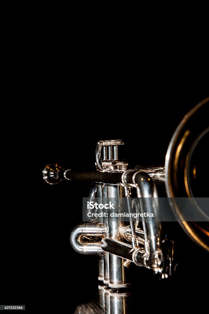 trumpet, wind instrument lonely musical instrument which is a trumpet on a black background Arts Culture and Entertainment Stock Photo