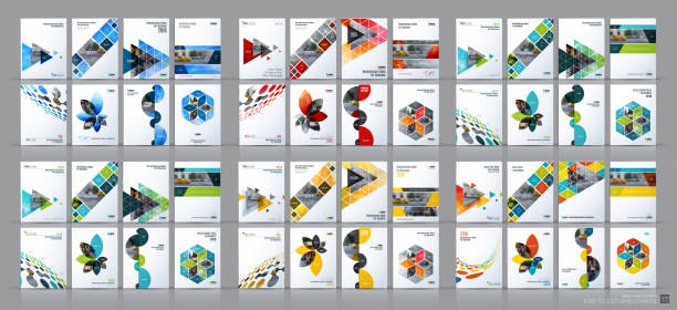 Business vector mega set. Brochure template layout, cover design Business vector mega set. Brochure template layout, cover design annual report, magazine, flyer in A4 with colourful flying triangles, arrows, polygons for finance, science, teamwork. Abstract design fashion patterns stock illustrations