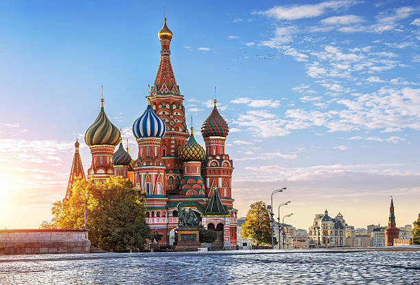 St. Basil's Cathedral, and nobody around St. Basil's Cathedral on Red Square in Moscow and nobody around one autumn morning kremlin stock pictures, royalty-free photos & images