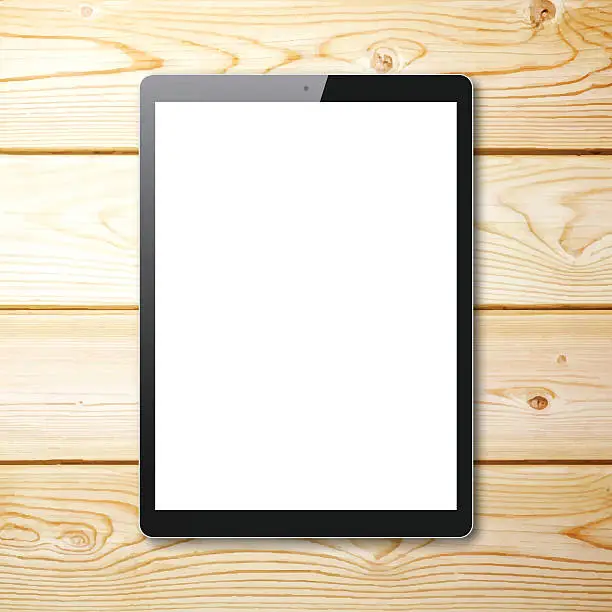 Vector illustration of Tablet Pc with blank Screen on Wooden Background