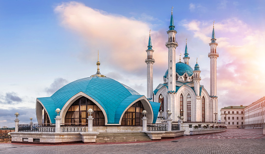 Morning in Kazan Kremlin at the Kul-Sharif Mosque and the rising sun