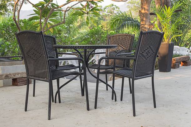 istock Close up Chairs and table beautiful view in garden 621236822