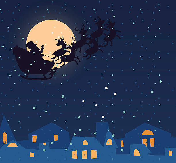 istock Santa Claus silhouette with deer. Santa driving sleigh 621244656