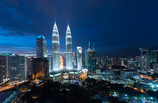 Skyline in the city of Kuala Lumpur, Malaysia, with the famous Petronas Towers standing in the middle.