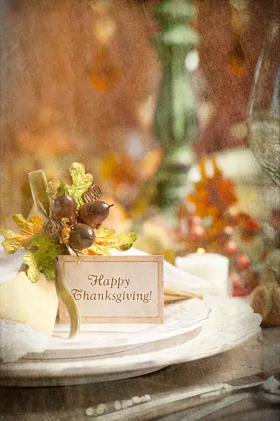 Photo of Autumn Dining Table Place Setting on Rustic Old Wood Table