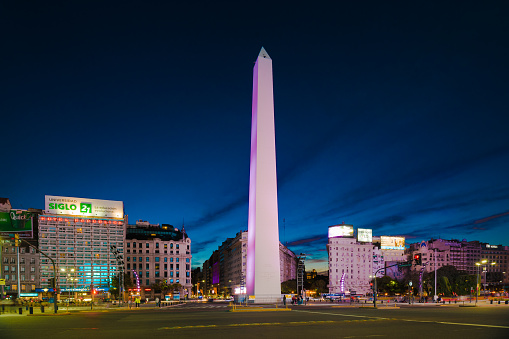 Buenos Aires, Argentina - 15 August, 2016: Night view of the Obelisk (El Obelisco), the most recognized landmark in the capital.