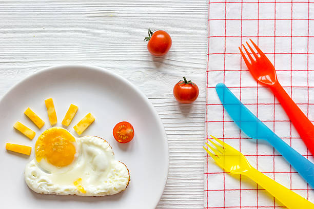 istock sunshine fried eggs breakfast for kid on wooden background 621250872