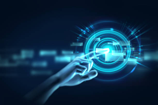 istock 3d illustration of hand touch gesture on futuristic technology e 621252200
