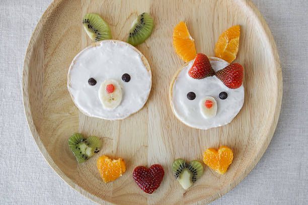 Bunny pancakes breakfast, fun food art for kids Bunny pancakes breakfast, fun food art for kids bunny pancake stock pictures, royalty-free photos & images