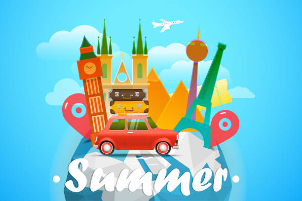 istock Vacation travelling concept. Vector travel illustration with different famous sights 621255344