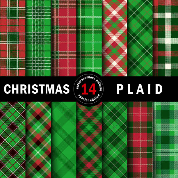 세트 크리스마스 타탄 원활한 패턴 - plaid textile christmas pattern stock illustrations