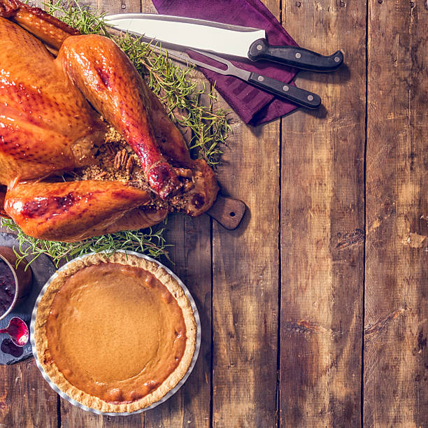 istock Stuffed Turkey and Pumpkin Pie Background 621259810