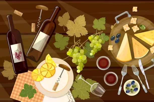 Vector illustration of Wine and cheese tasting  top view wine bottle