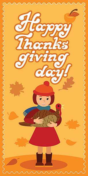 아이 잎과 축하 편지와 해피 추수 감사절 카드 - thanksgiving pilgrim turkey little girls stock illustrations