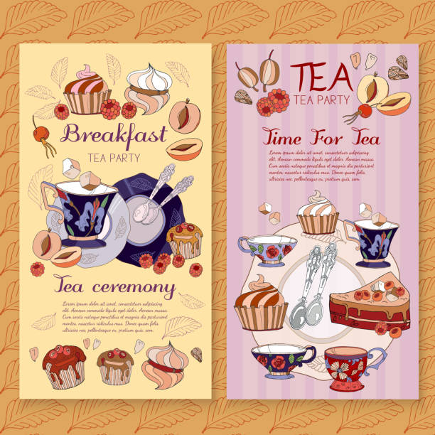 czas projektowania menu herbacianego na herbatę i czajniczek - tea party stock illustrations