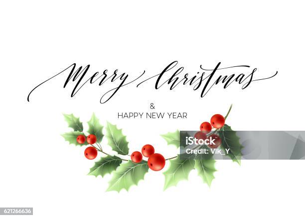 Merry Christmas Lettering Card With Holly Vector Illustration Stock Illustration - Download Image Now