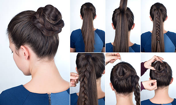 Hairstyle tutorial bun with plait Hairstyle tutorial  elegant bun with braid. Simple hairstyle twisted bun with plait tutorial. Hairstyle tutorial for long hair. Hairstyle bun braided buns stock pictures, royalty-free photos & images