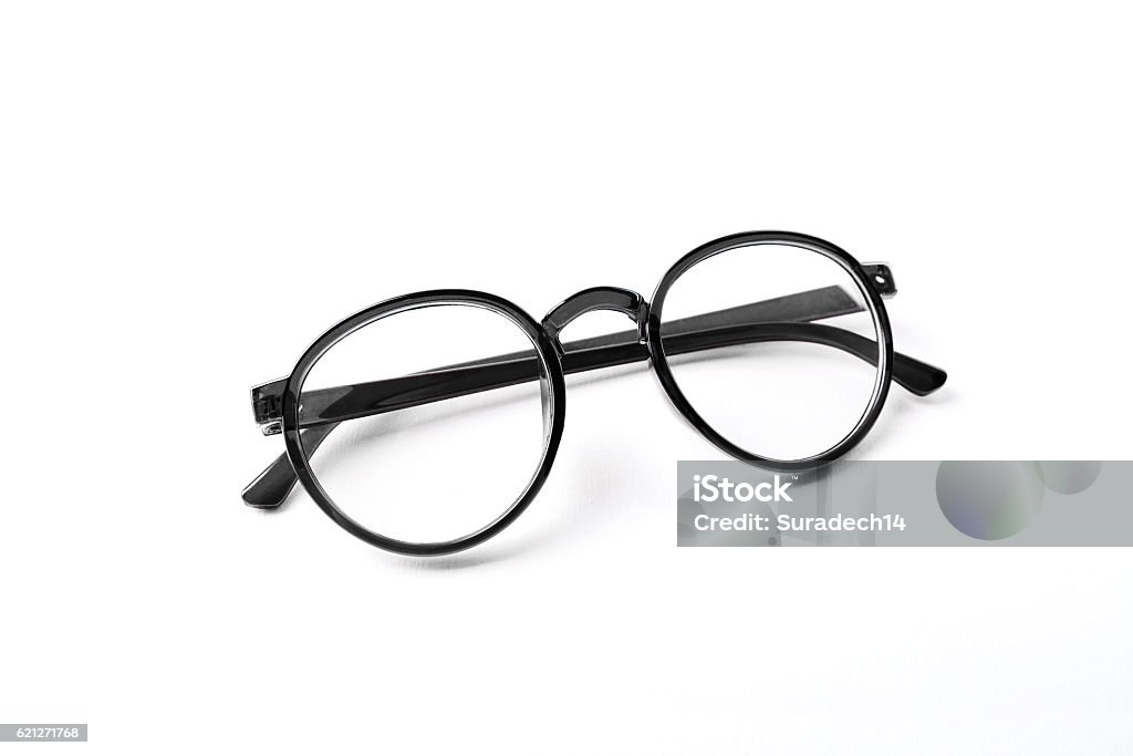 Black vintage glasses isolated on a white background Black nerd glasses on isolated white background, perfect reflection Eyeglasses Stock Photo